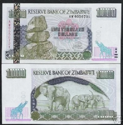 ZIMBABWE 1000 DOLLARS P-12 2003 Rare AW REPLACEMENT ELEPHANT ZEBRA UNC BANKNOTE - Image 1 of 4