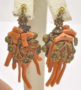 Antique Gold Plate & natural Coral branch Victorian Grape Bunch ladies earrings - Picture 1 of 5