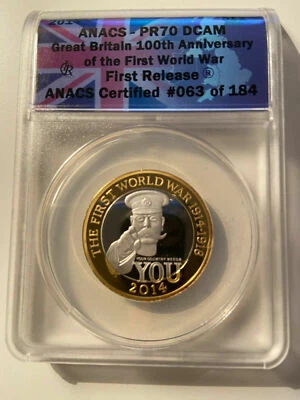 MONEDA DE PLATA 2014 100 aniversario Primera Guerra Mundial Gran Bretaña ANACS PR70 ngc Foto 1 de 2