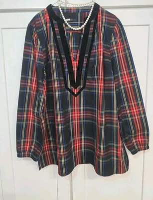 Top túnica estampada J Crew Stewart tartán terciopelo a cuadros XL campesino  Foto 1 de 4