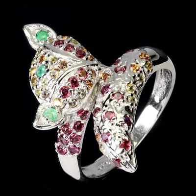 Anillo de plata de ley 925 redondo zafiro esmeralda rodolita piedras preciosas zorro joyería 8 Foto 1 de 4