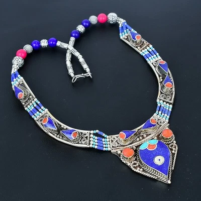 Collana Lapislazzuli Corallo Turchese Argento Sterling 925 Tibetano... - Immagine 1 di 4