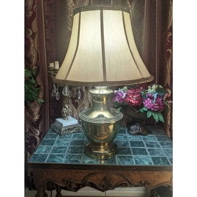 Large Vintage Librarycore Antique Brass Urn Shaped Lamp w/ Trimmed Silk Shade - Image 1 of 4