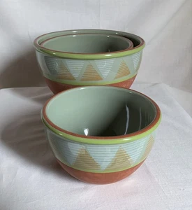 Decorative nesting mixing bowls. Vintage ceramic art. Aquamarine abstract design - Picture 1 of 9