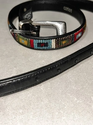 Vintage Brighton Black Leather Multicolor Beaded Skinny Belt Silver Buckle 32” - Image 1 of 4