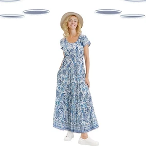 Ex Joe Browns Women's Short Sleeve Crinkle Cotton Maxi Dress in Blue - Picture 1 of 4