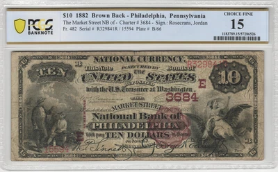 1882 Philadelphia PA $10 Brown Back National Banknote Charter 3684 PCGS Fine 15 - Image 1 of 2