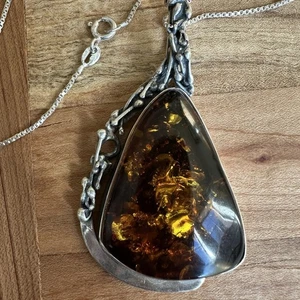 Vintage Anhänger Halskette 25" natürlicher Sumatra Bernstein Brutalist 925 Sterling 18,8 g - Bild 1 von 14