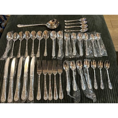 Wm Rogers & Son Enchanted Rose Silverplate Flatware Set 37 Pieces Dinnerware - Image 1 of 4