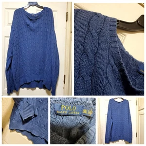 Suéter Polo Ralph Lauren Para Hombres 4XLT Azul Tejido con Cable Algodón Cuello Redondo Grande Alto - Imagen 1 de 18