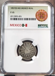 1857 Zs MO MEXICO SILVER 1 REAL CAP & RAYS NGC F 15 SCARCE NICE COIN - Picture 1 of 3