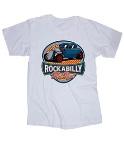 ROCKABILLY Hot Rod White T-shi Racing Speed Vintage Classic Cars Checkers - Picture 1 of 1