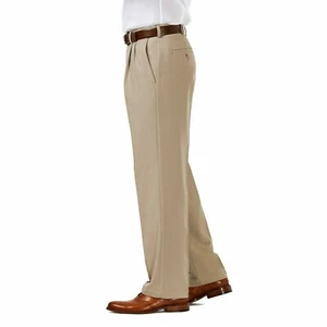 HAGGAR COOL18 PRO 34x34 BEIGE HIDDEN EXPANDABLE WAIST PLEATED CLASSIC PANTS NWT - Picture 1 of 3
