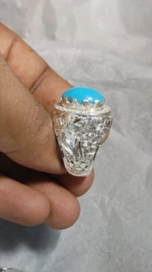 Natural Feroza Ring Mens Turquoise Ring Feroza Stone Ring Sterling Silver 925 - Picture 1 of 11