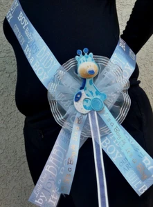  Baby Shower MOM TO BE SASH,Blue/boy,Ribbon favors,Giraffe,Mommy,Corsage,safari - Picture 1 of 12
