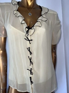 NICOLE FARHI SILK BLOUSE, BEIGE SILK SHORT SLEEVE TOP, BOW DETAIL BLOUSE UK 10 - Picture 1 of 14