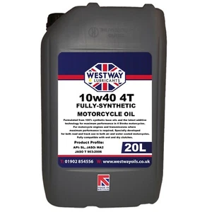 10W40 Synthetic Motorcycle Oil 4 Stroke JASO MA2 20L Westway Lubricants - Picture 1 of 4