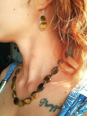 ORECCHINI OCCHIO DI TIGRE NATURALE ARGENTO 925 LEGGERI PENDENTI OVALI TIGER EYE - Immagine 1 di 4