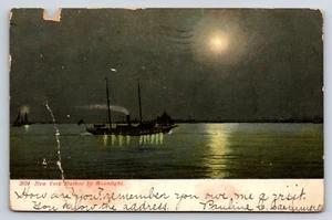 AK Segelboot Dampfschiff auf New Yorker Hafen bei Mondschein um 1900  - Bild 1 von 2
