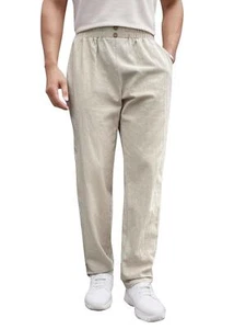 Mens Cotton Pant Casual Elastic Waist Tapered Summer Beach Trousers with Pockets - Picture 1 of 13