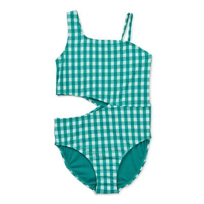 Wonder Nation Girl Shark Bite One-Piece Swimsuit w/ UPF 50+ Green Gingham Medium - Image 1 of 3