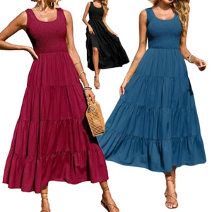 Womens Smocked Sleeveless Tiered Long Dresses Maxi Beach Vacation A Line Dresses - Picture 1 of 27