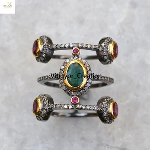 Pave Diamond Emerald Gemstone Ring 925 Sterling Silver Ruby Jewelry Gift For Mom - Picture 1 of 6