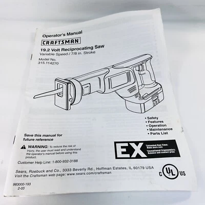 Sears Craftsman 19.2V Reciprocating Saw 19.2 Volt #315.114270 MANUAL ONLY - Image 1 of 2