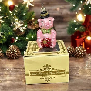 Impuls Blown Glass Christmas Ornament Pink Pig Bowtie Tophat POLAND Hand Painted - Picture 1 of 10