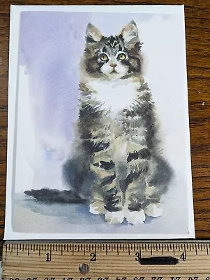 Maine Coon Norwegian Forest Cat Water Color Art Blank Greeting Card Envelope Vtg - Image 1 of 2