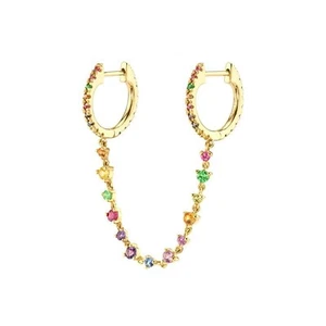 Dainty Rainbow CZ Double Piercings Two Holes Small Hoop Cuff Cartilage Hypoal... - Picture 1 of 3