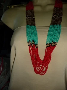 TRIBAL MULTI STRANDS AQUA ORANGE BRONZE SEED BEADS 16'' L NECKLACE #29/6 - Foto 1 di 7