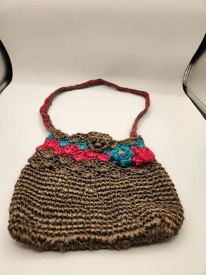 Bolso Bandolera Hippie de Paja Retro con Flores Rosa y Azul Verde Oliva Foto 1 de 4