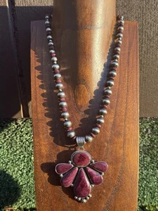 Navajo Sterling Silver Purple Spiny Oyster Pendant Necklace Earrings Set - Picture 1 of 12