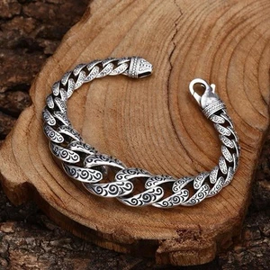 Pulsera Hombre Acero Inoxidable 22cm - Cadena Vintage Tono Plata, Eslabón Grabado - Imagen 1 de 5