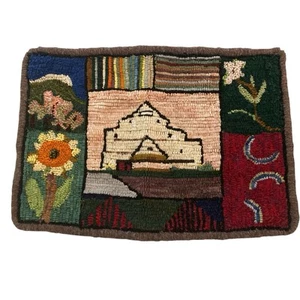 Vintage Hand Hooked Wool Tapestry Primitive Folk Art Sunflower 14”x20” Flowers - Picture 1 of 11