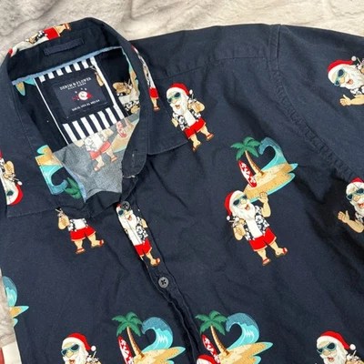 牛仔和花朵夏威夷圣诞衬衫男式 XL 纽扣冲浪圣诞老人假期 — 第 1/4 张图片