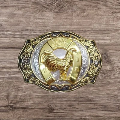 Kid's Cowboy Belt Buckle Rooster/Horse Shoe 3.25" x 2.5" Silver/Black/Gold - Image 1 of 2