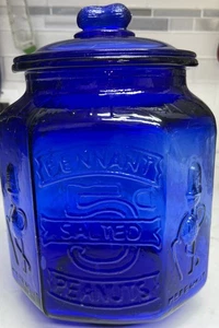 Vintage Cobalt Blue, “PENNANT SALTED PEANUTS” Planters Mr. Peanut Man Jar. - Picture 1 of 2