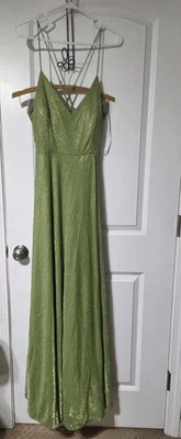 Women's Pear Green Glitter Floor Length A Line Prom Bridemaid Coctail Gown Med - Image 1 of 4