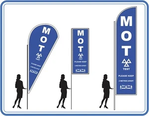 MOT TESTING Flags & Banners keep 2m apart flag sign kit poles free bases uk made - Picture 1 of 12