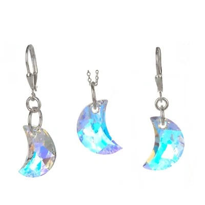 Solid 925 Silver Iridescent Crystal Moon Earrings, Pend & 18" Italy Necklace Set - Image 1 of 4