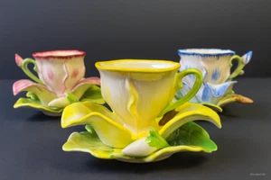 Chadwick Porcelain Demitasse Saucer Flower Petal Japan Set of 3 Blue Red Yellow - Picture 1 of 18
