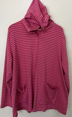 Isaac Mizrahi 2X Pink Stripe Terry Cloth Stretchy Hoodie Jacket Summer Cover Up - Image 1 of 4