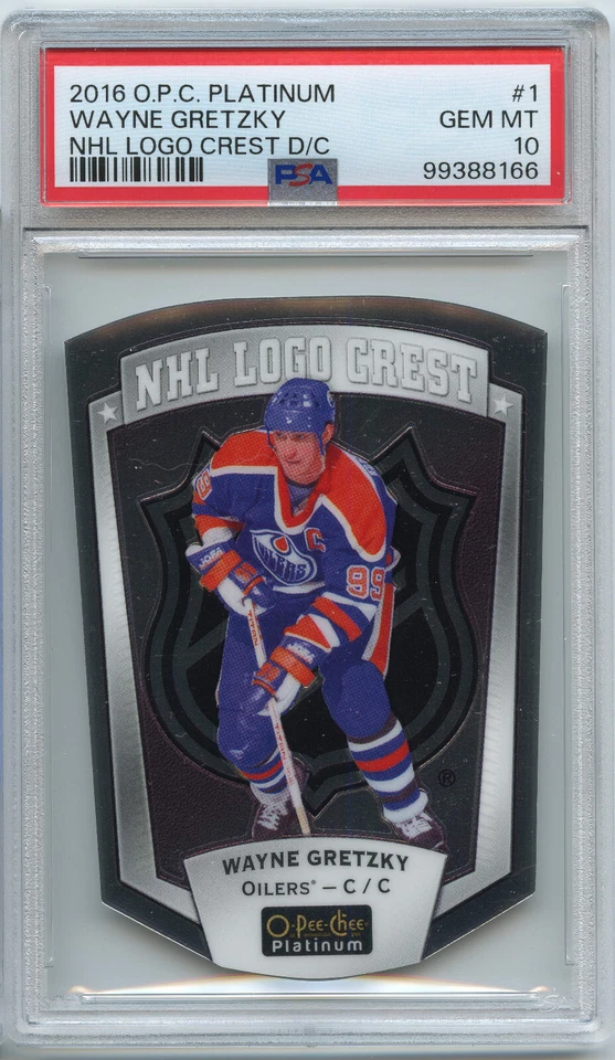 PSA 10 Wayne Gretzky 2016 OPC O-Pee-Chee Platinum NHL LOGO CREST Die Cut SP POP5 - Image 1 of 2
