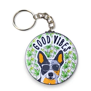Blue Heeler Good Vibes Keychain Handmade Retro Pet Portrait Art Gift Accessory - Picture 1 of 15