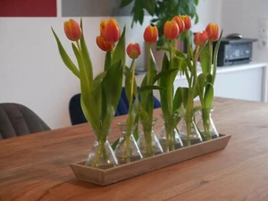 6 Glasvasen auf Holz Tablett L 46 cm B 10 cm H 3 cm Tischdekoration - Bild 1 von 12