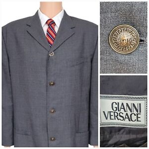 Gianni Versace 48L Gold Medusa Button Blazer Gray Sport Coat Wool Suit Jacket