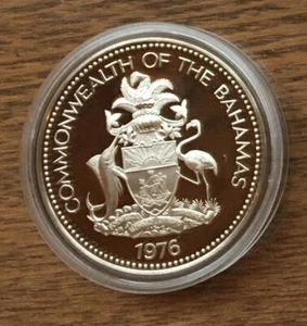 L376 BAHAMAS 1976 5 $ 5 DOLLARS 1,25 OZ SILBERMÜNZE PROOF - NATIONAL ARMS FLAG - Bild 1 von 2