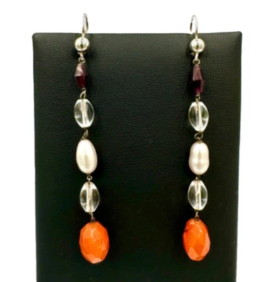 Orecchini pendenti argento 925 pietre e  perla barocca vintage '70 Made in Italy - Immagine 1 di 4